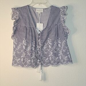 ISA & ELLA Eyelet Striped Peasant Cropped Shirt, 100% Cotton, S, White/Blue, NWT